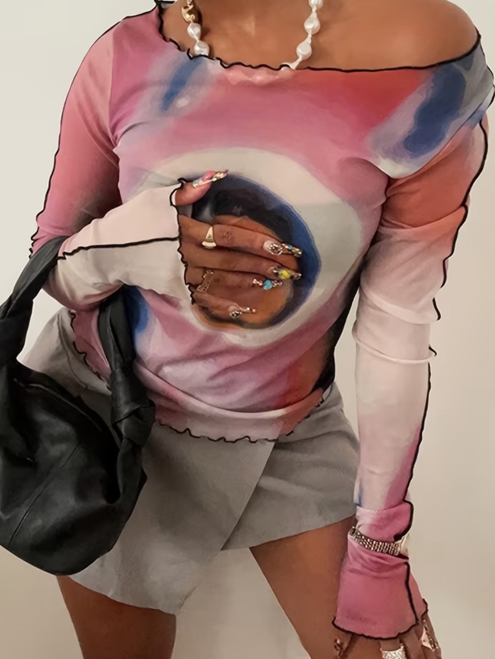 Women's Mesh Semi-sheer T-Shirt, Casual Crew Neck Long Sleeve T-Shirt, Casual - Picture 3 of 6